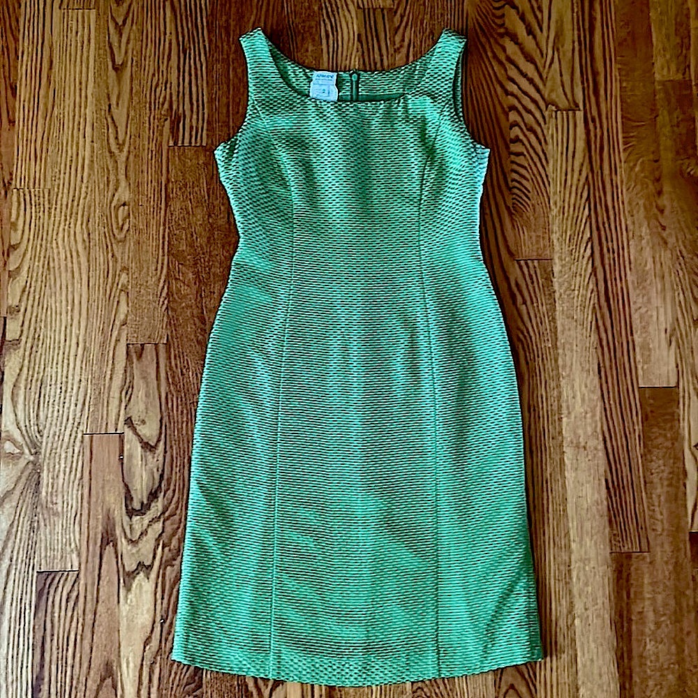Armani Collezioni shift dress cotton silk. Green geometric woven textile.